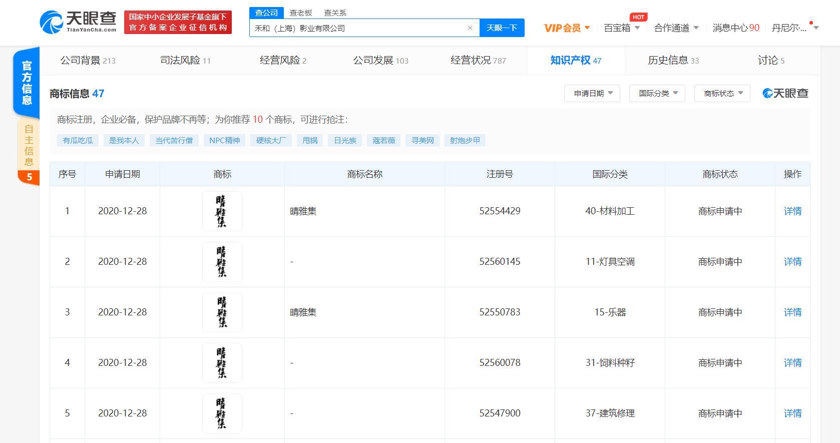 澳门人威尼斯3966|
禾和（上海）影业有限公司申请“晴雅集”商标(图2)